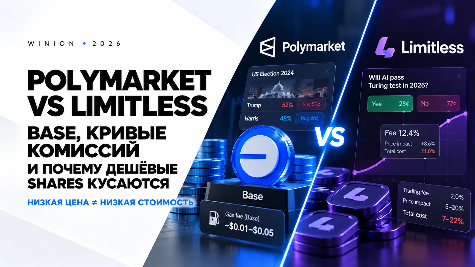 Polymarket vs Limitless: Base, кривые комиссий и почему дешёвые shares кусаются